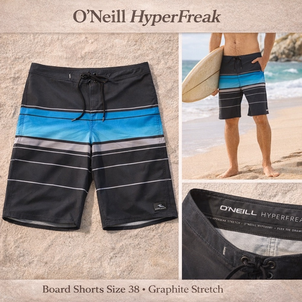 O’Neill HyperFreak Board Shorts 38 Graphite Stretch Swim Trunks NWOT